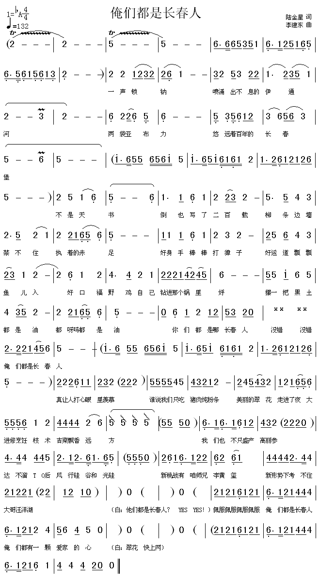未知 《俺们都是长春人》简谱