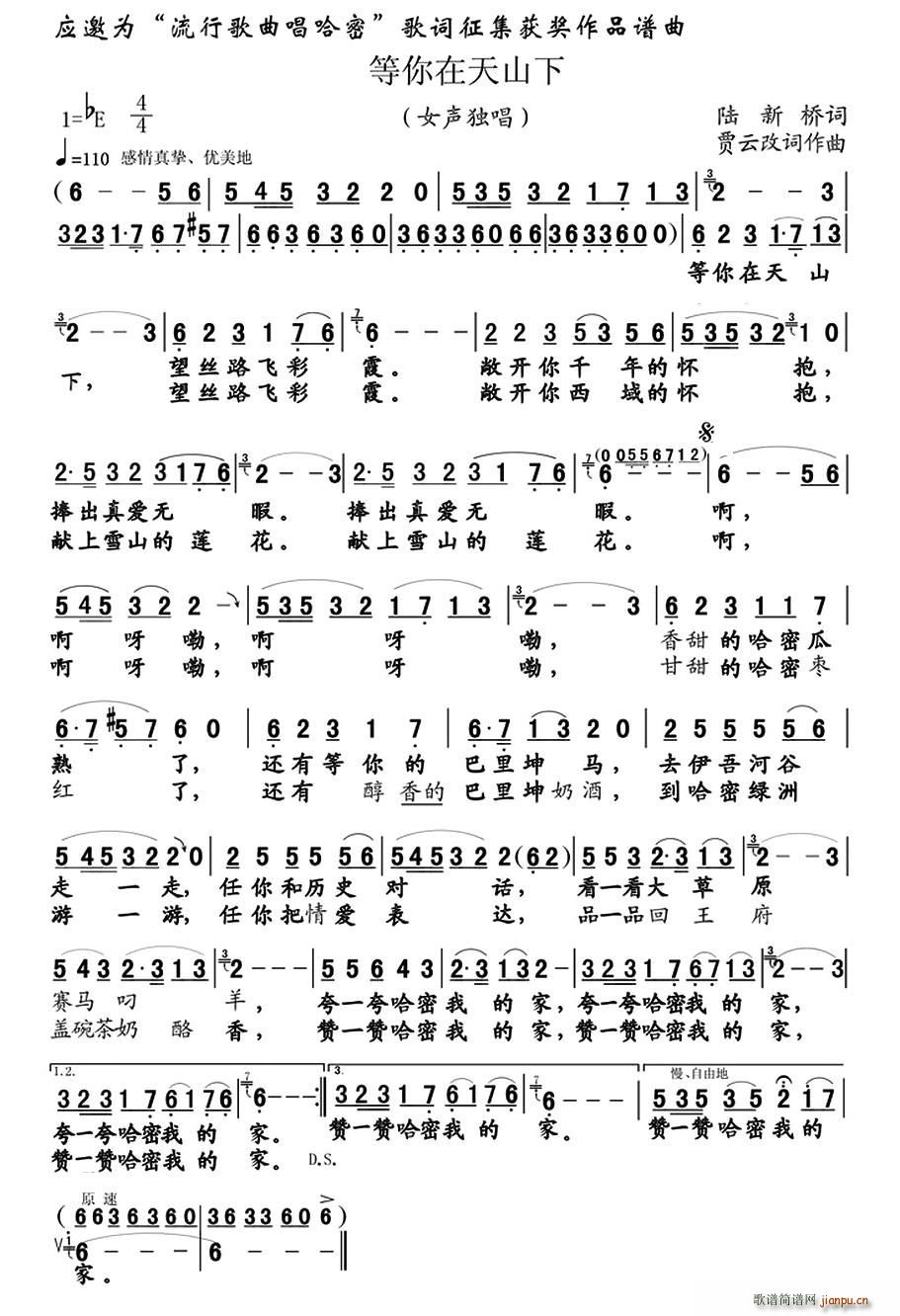 安妮张阳   陆新桥 《等你在天山下》简谱