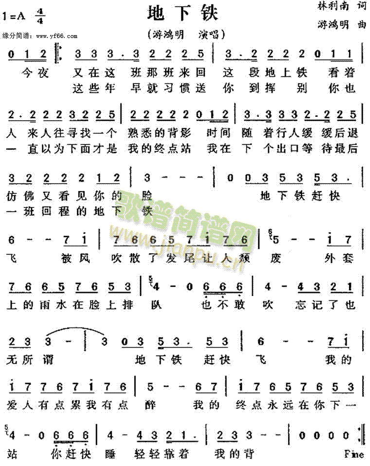 游鸿明 《地下铁》简谱