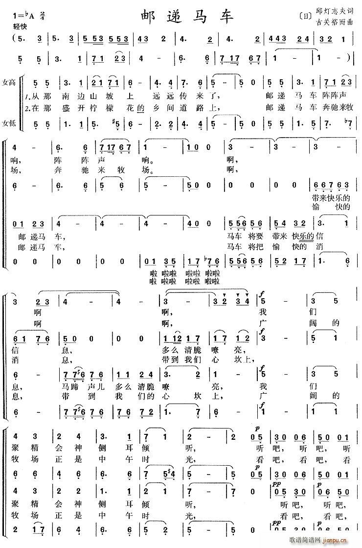 不祥   古关裕而 丘灯志夫 《邮递马车 合唱》简谱