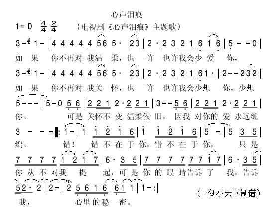 电视剧《心声泪痕》主题歌 《心声泪痕》简谱