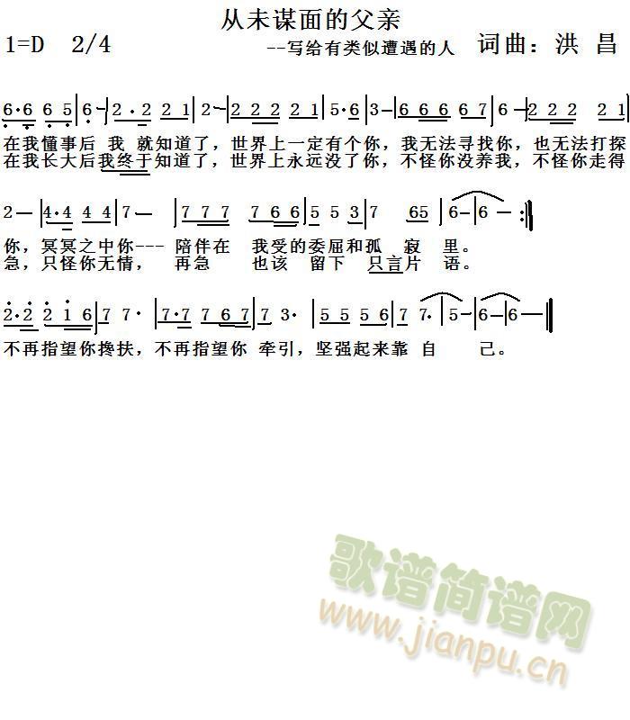 洪昌   从未谋面的父亲   --写给有类似遭遇的人洪昌=在我懂事后，我就知道了，世界上一定有个你，我无法寻找你，也无法打探你，冥冥之中你---陪伴在我受的委屈和孤寂里。=在我长大后，我终于知道了，世界上永远没有了你，不怪你没养我，不怪你走得急，只怪你无情，再急也该留下只言片语。=不再指望你搀扶，不再指望你牵引，坚强起来靠自己。 《从未谋面的父亲》简谱