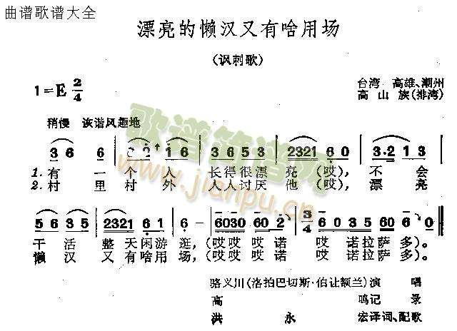 未知 《漂亮的懒汉又有啥用场》简谱