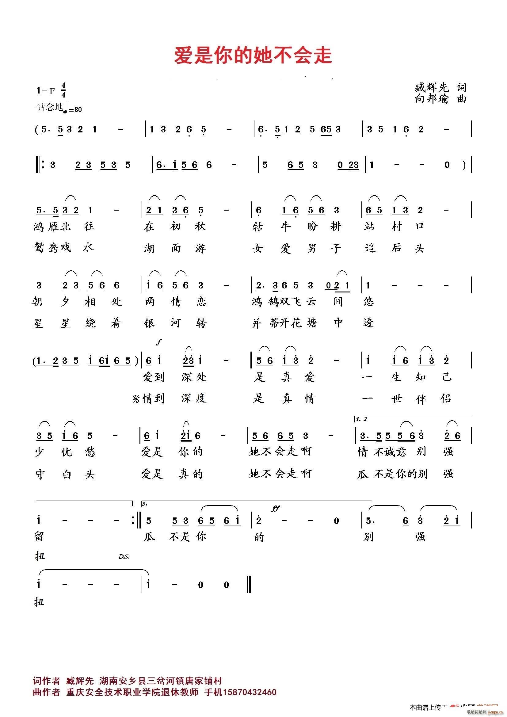 向邦瑜   臧辉先 《爱是你的她不会走》简谱