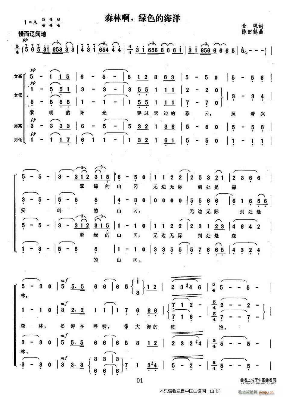 陈天鹤 金帆 《森林啊 绿色的海洋 合唱谱》简谱