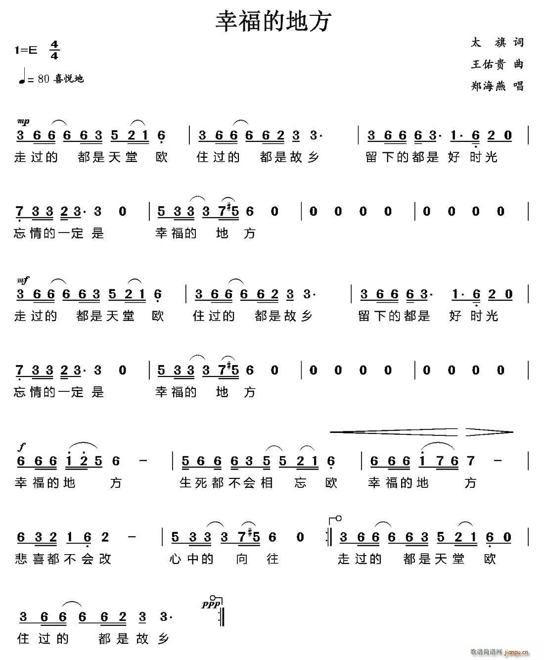 郑海燕   太旗 《幸福的地方》简谱