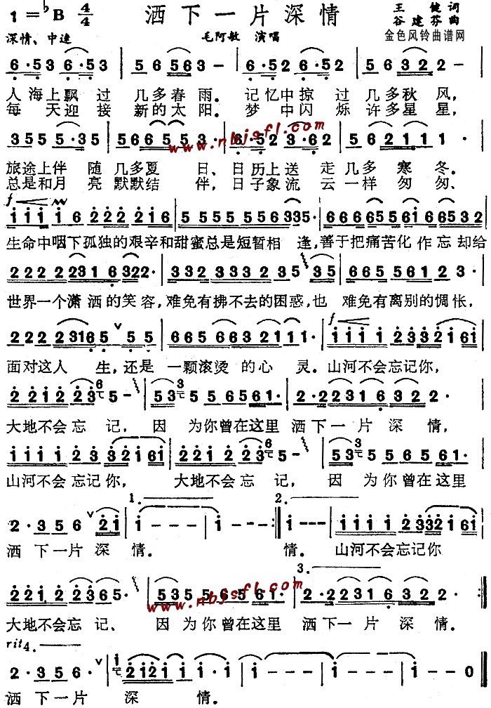 毛阿敏 《洒下一片深情》简谱