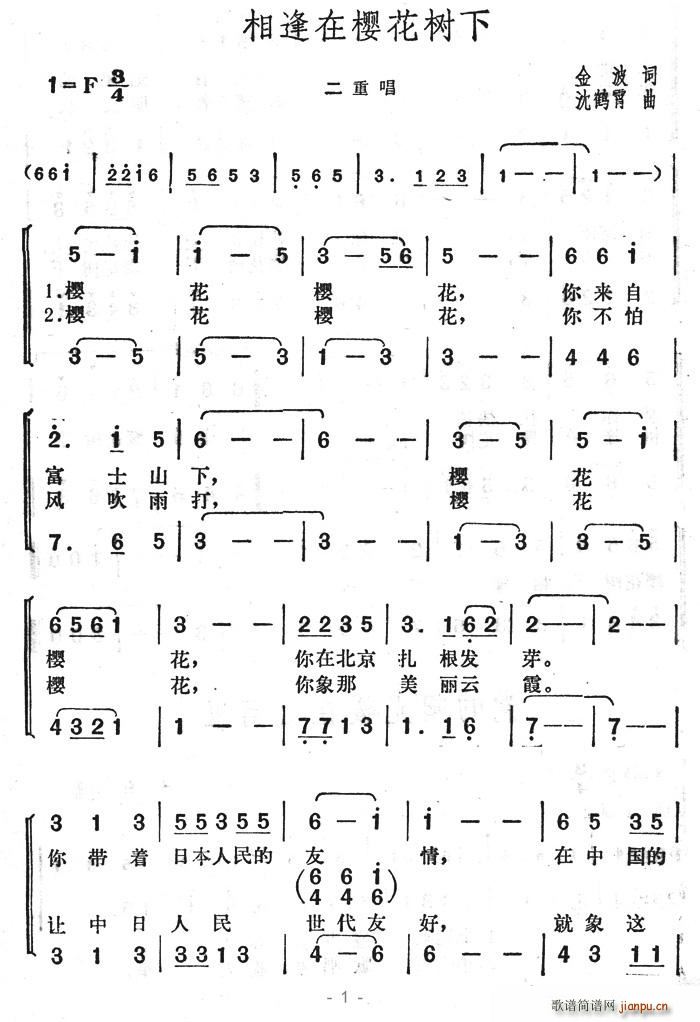 漫步云端 金波 《相逢在樱花树下》简谱