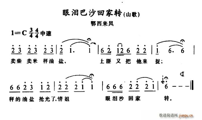 未知 《眼泪巴沙回家转》简谱