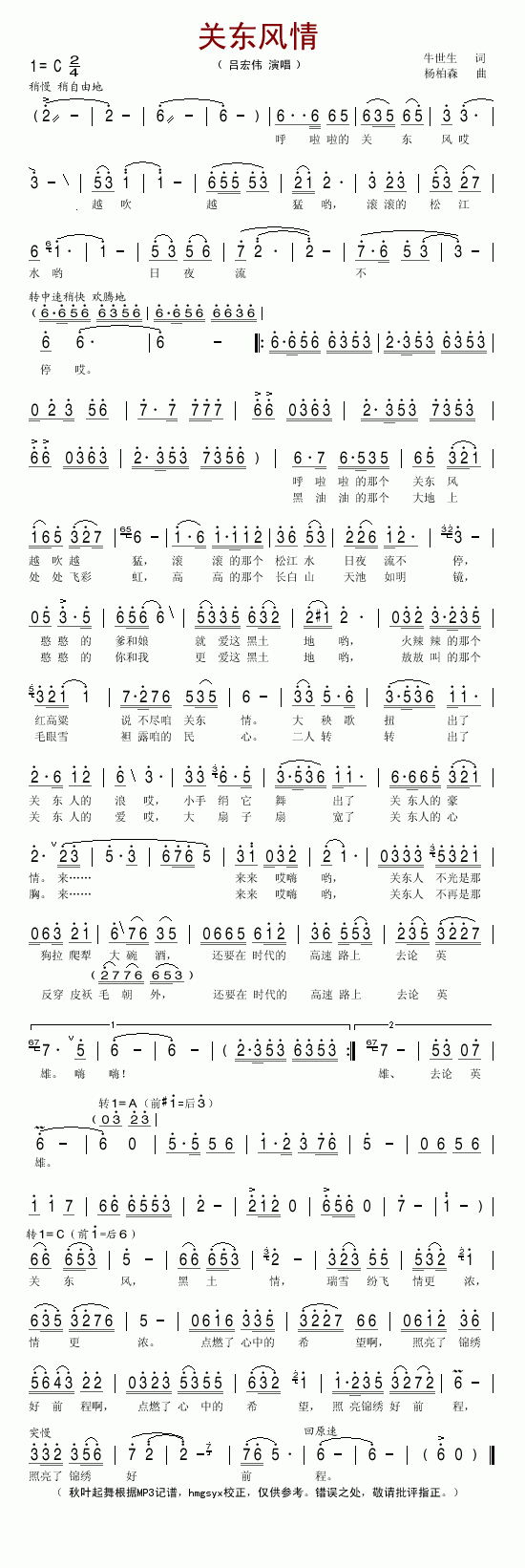 吕宏伟 《关东风情》简谱