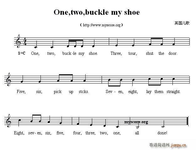 未知 《One,two,buckle my shoe （英文儿歌、五线谱）》简谱