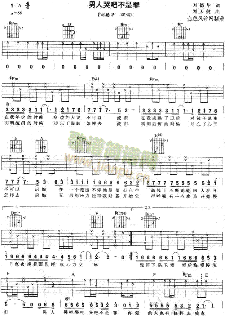未知 《男人哭吧不是罪》简谱