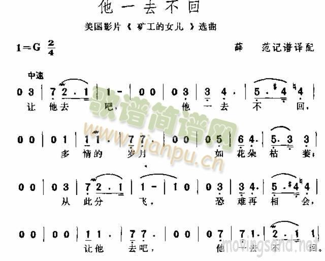 未知 《他一去不回》简谱