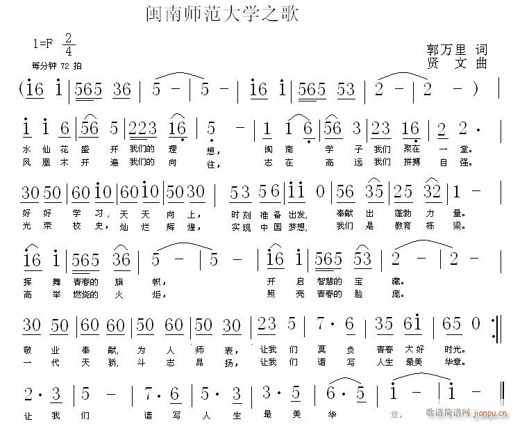 贤文 郭万里 《闽南师范大学之歌》简谱