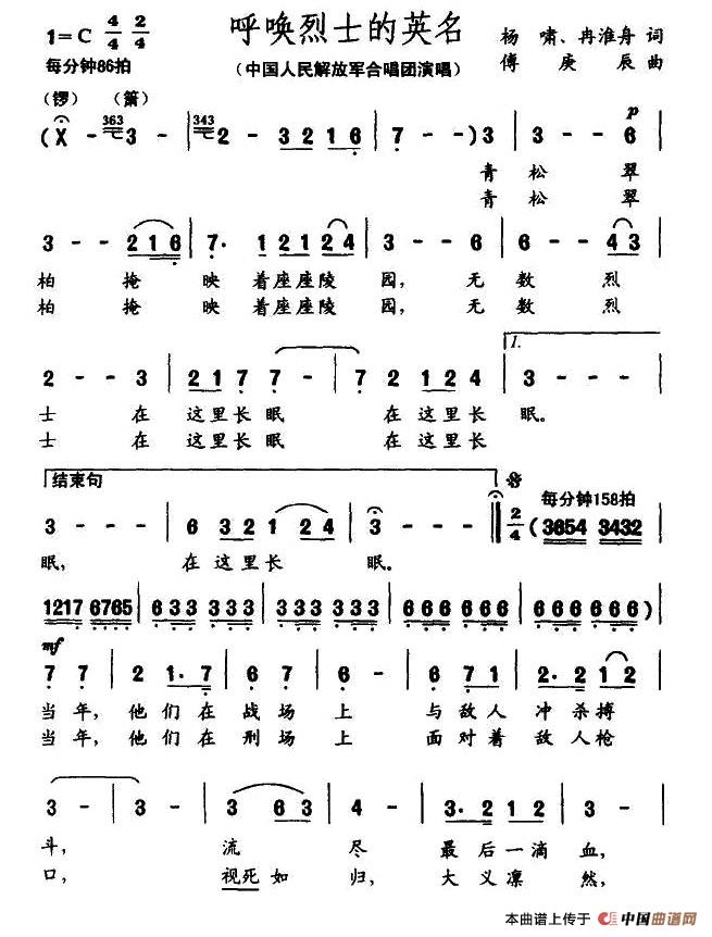 作词：杨啸、冉淮舟作曲：傅庚辰 《呼唤烈士的英名》简谱