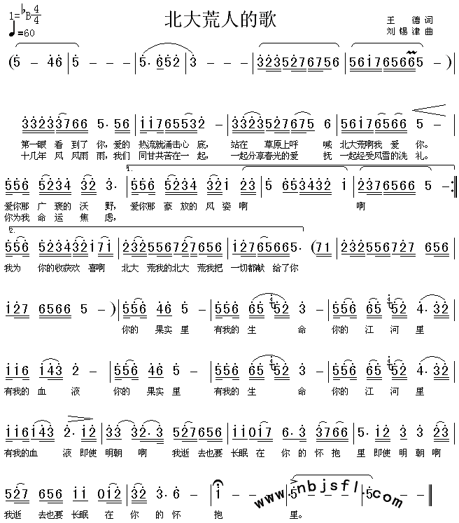 未知 《北大荒人的歌》简谱