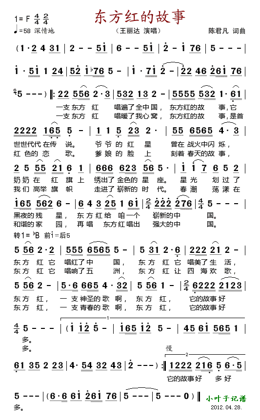 王丽达 《东方红的故事》简谱