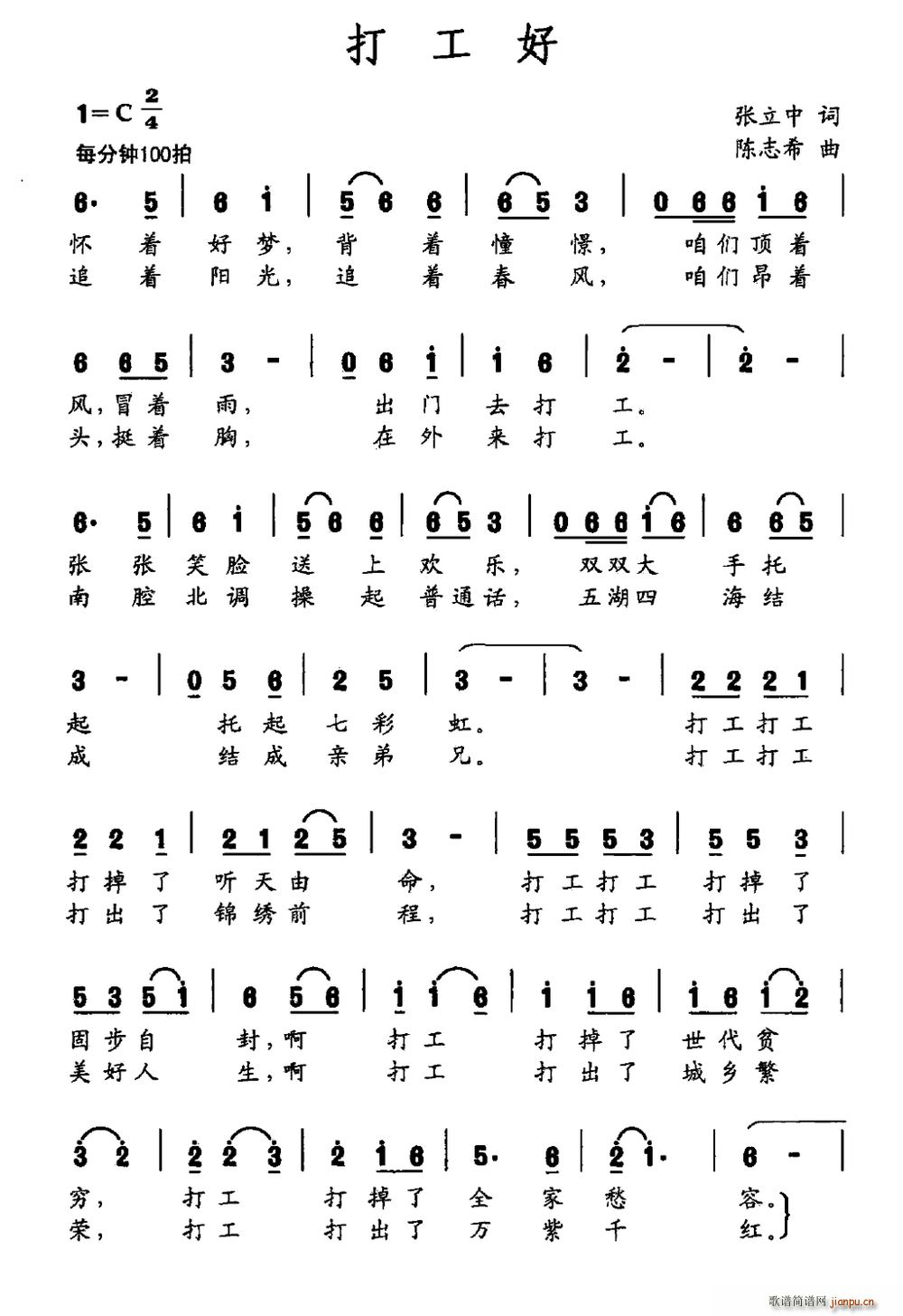 张立中 《打工好》简谱