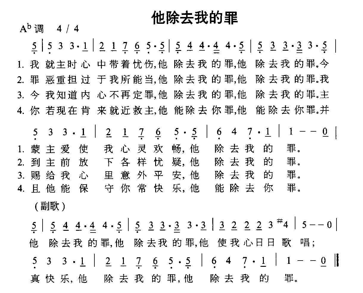 未知 《他除去我的罪》简谱