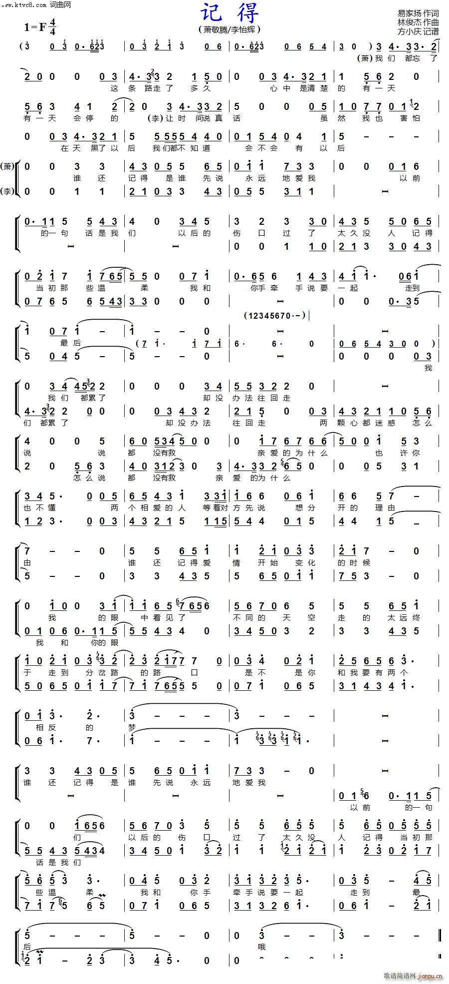 萧敬腾   林俊杰 易家扬 《记得(男声二重唱)》简谱