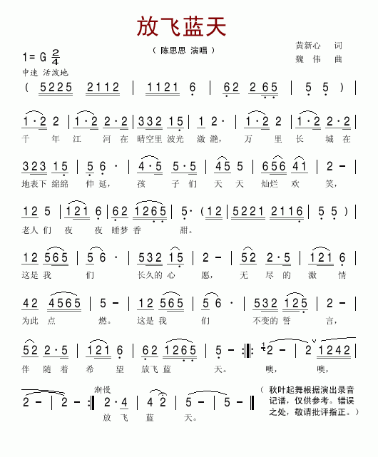 陈思思 《放飞蓝天》简谱