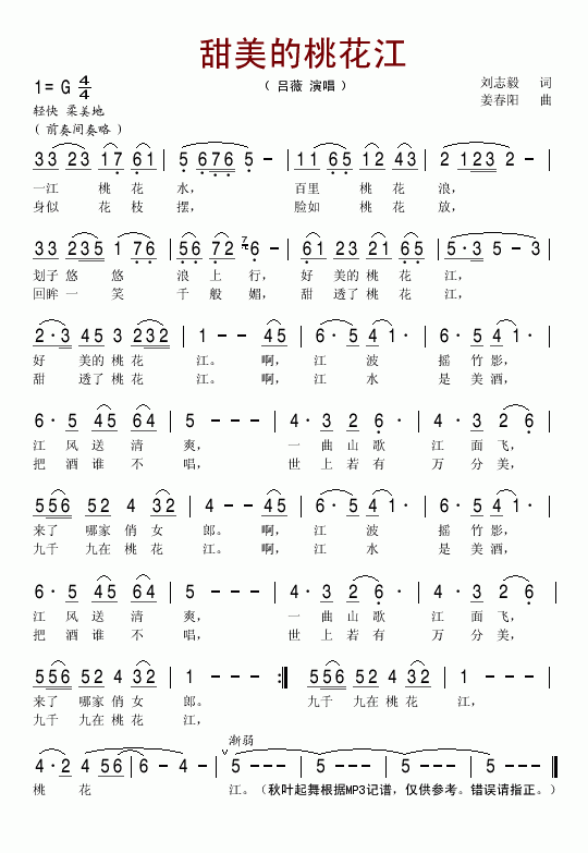 吕薇 《甜美的桃花江》简谱