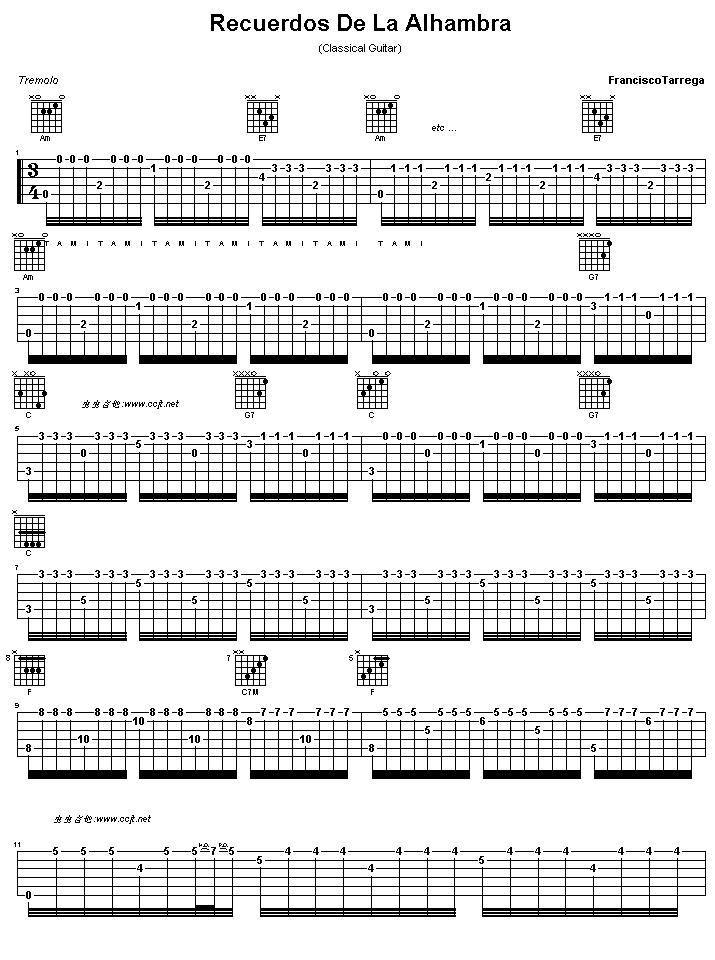 FranciscoTarrega   发布: 2005-9-8 ?? 网评:  (80票) 《阿尔汉布拉宫的回忆》简谱