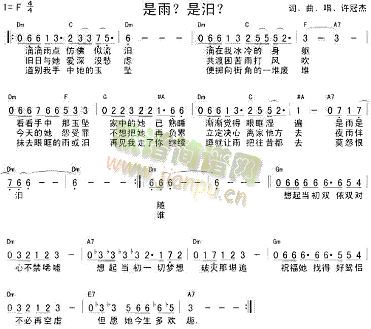 未知 《是雨是泪(粤语)》简谱