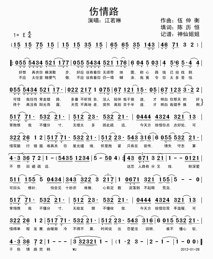 江若琳 《伤情路》简谱