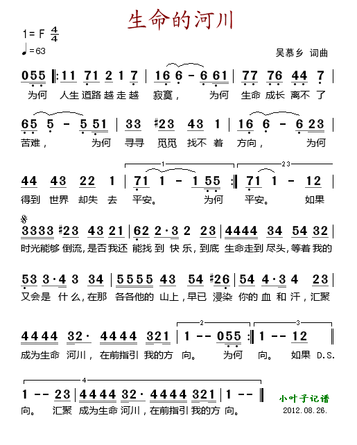 未知 《生命的河川》简谱