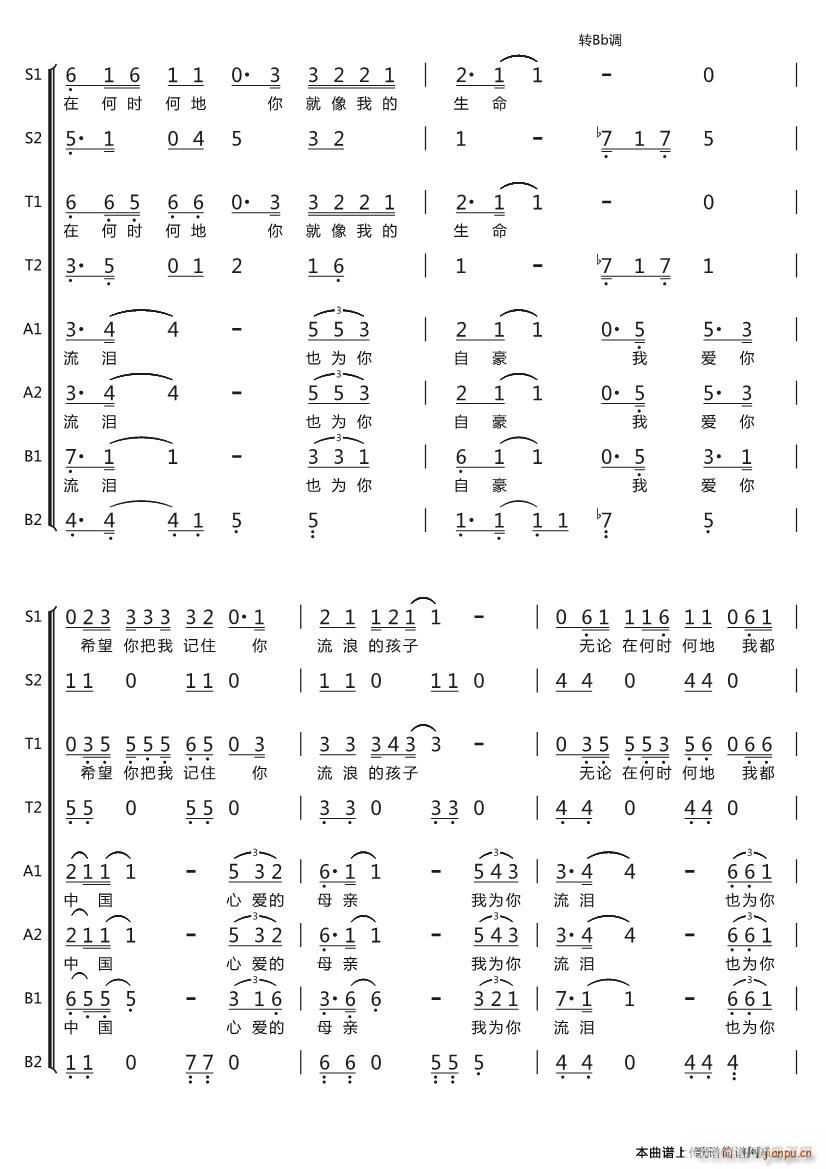 中央人民广播电台合唱团   汪峰 汪峰 《我爱你中国（汪峰词曲、八声部 ）》简谱