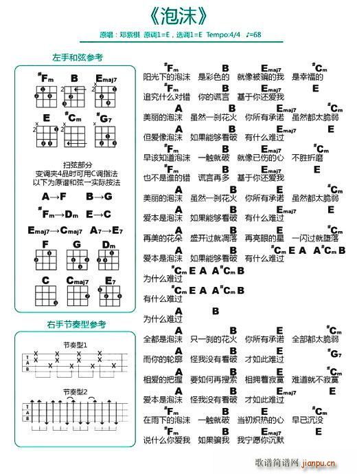 邓紫棋   邓紫棋 《泡沫（尤克里里谱）》简谱