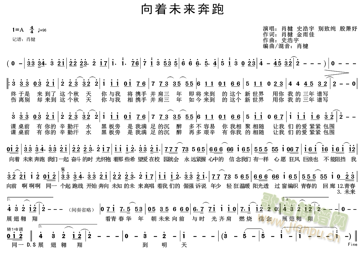 肖楗 《向着未来奔跑》简谱