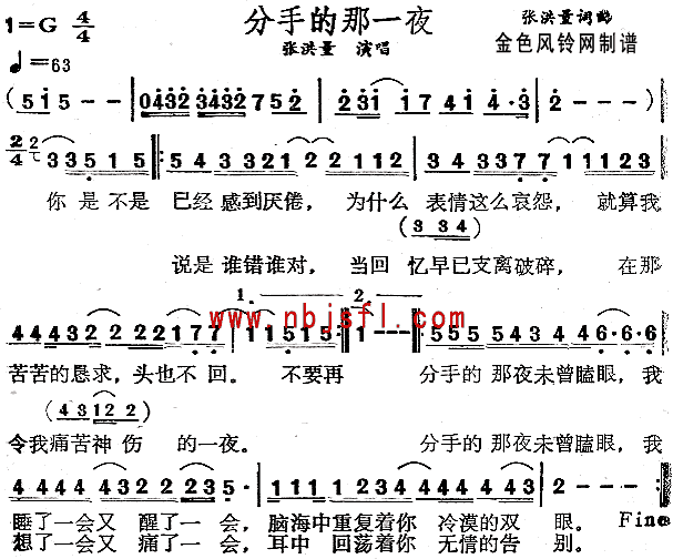 张洪量 《分手的那一夜》简谱