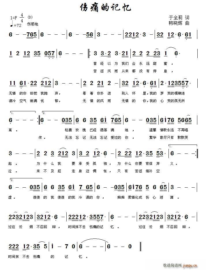上官浩民   韩晓辉 于全莉 《伤痛的记忆》简谱