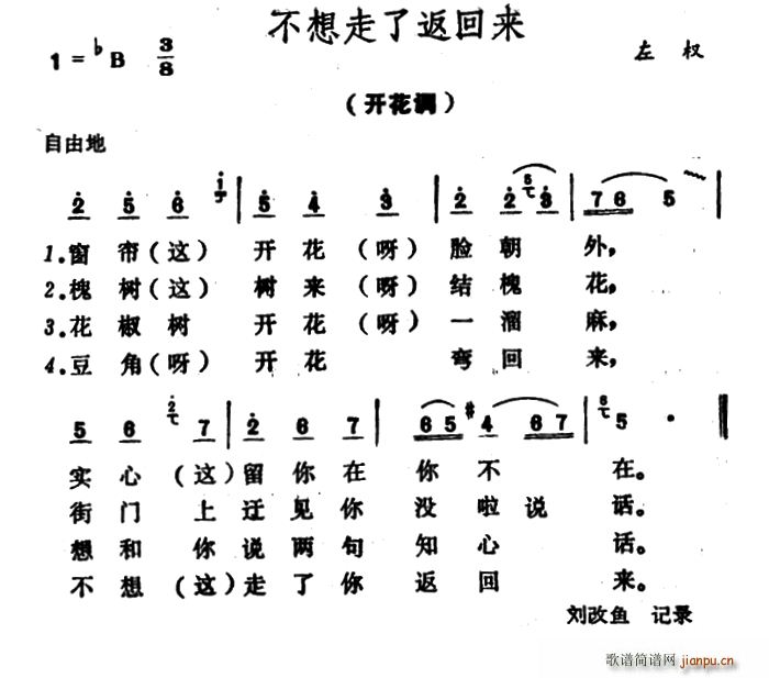 未知 《不想走了返回来》简谱