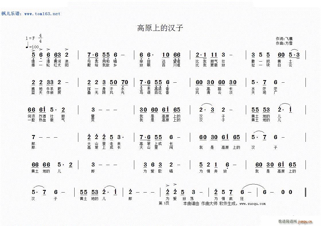 未知 《高原上的汉子》简谱