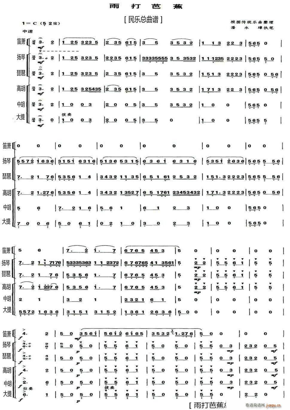 未知 《雨打芭蕉（（民乐总 ））》简谱