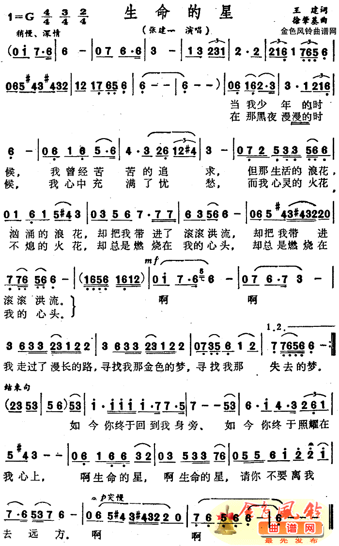 张建一 《生命的星》简谱