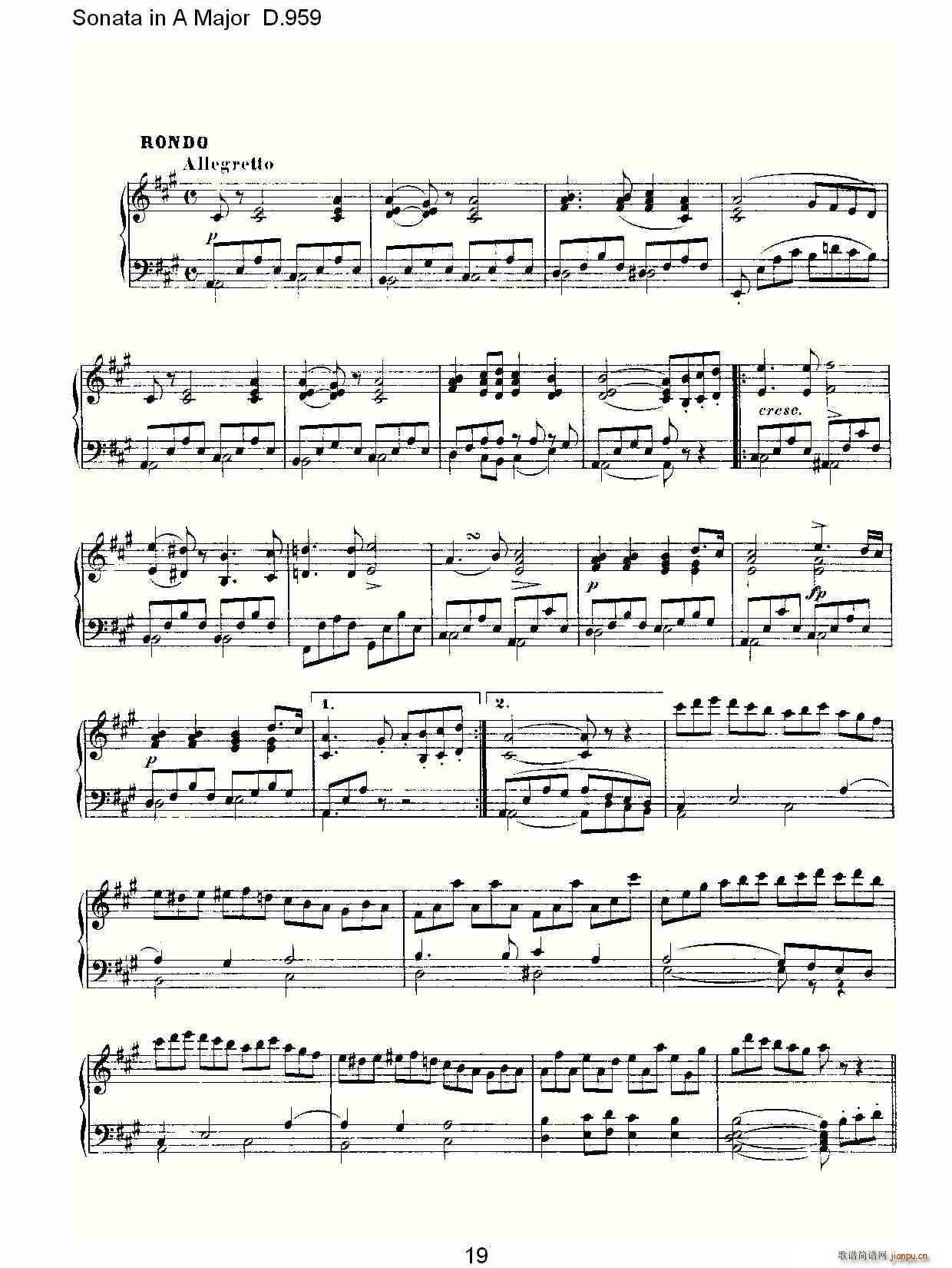 弗朗兹·舒柏特   朴素传幽真 《Sonata in A Major D.959（A大调奏鸣曲 D.959）》简谱