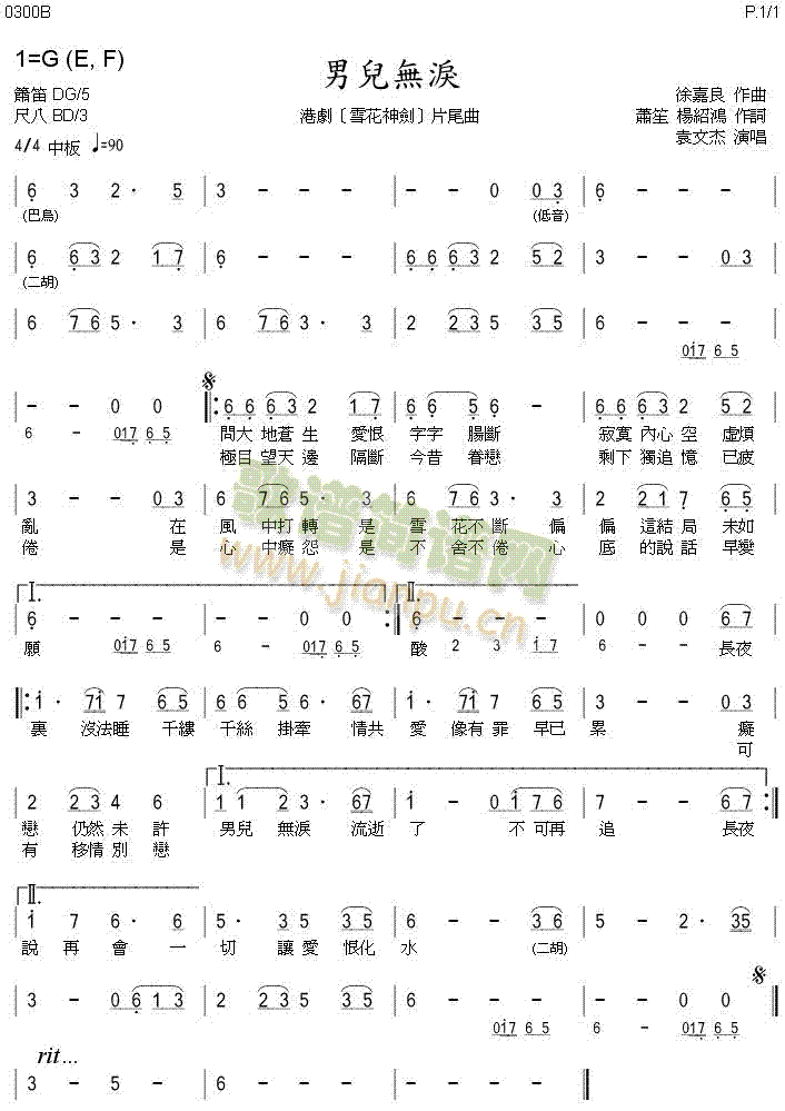 未知 《男儿无泪(综合版)》简谱