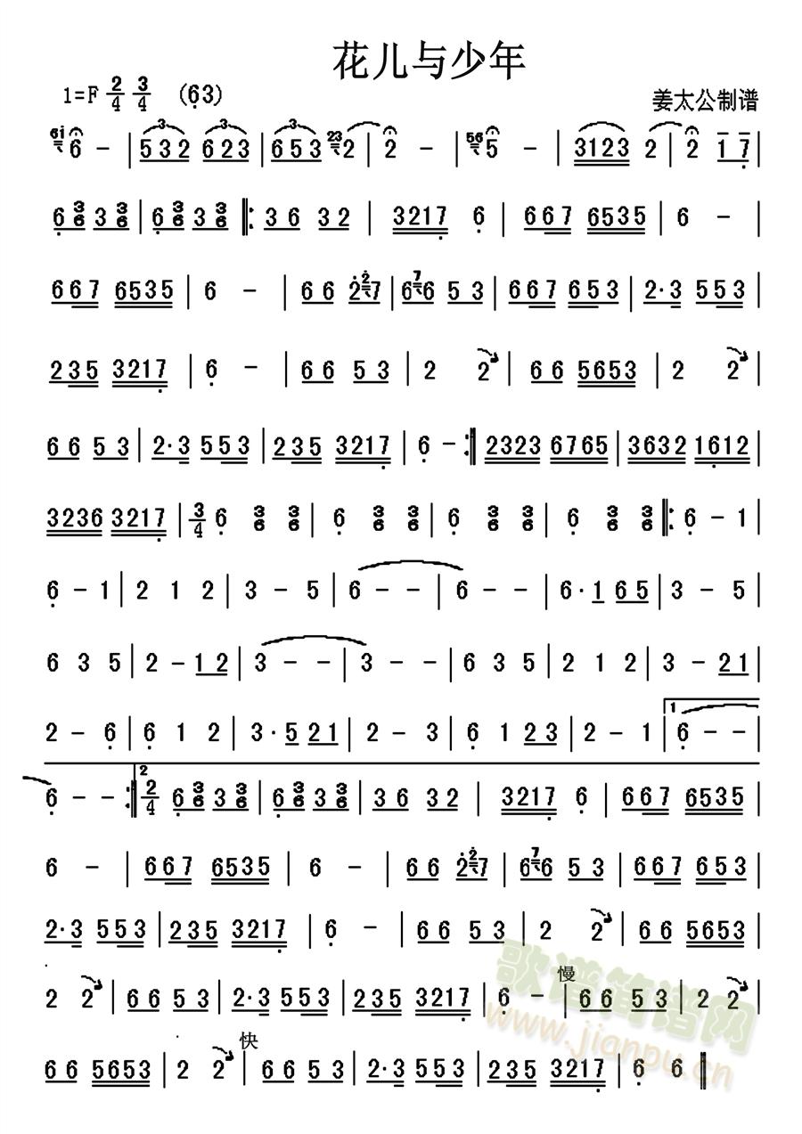 民乐曲 《花儿与少年》简谱