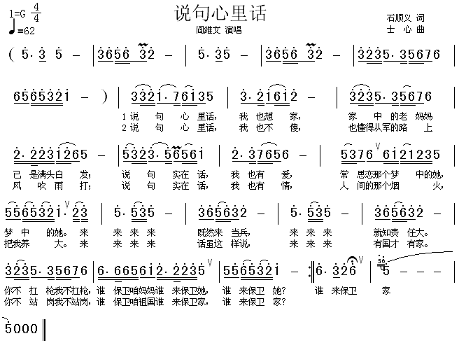 未知 《说句心里话》简谱