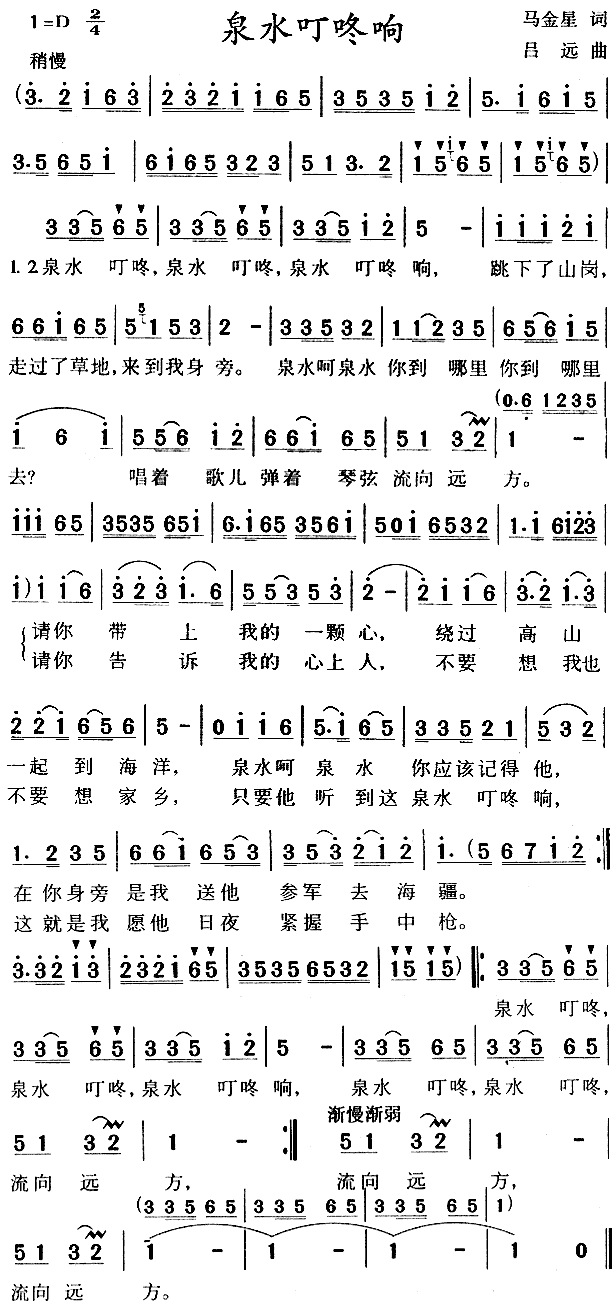 未知 《泉水叮咚响》简谱