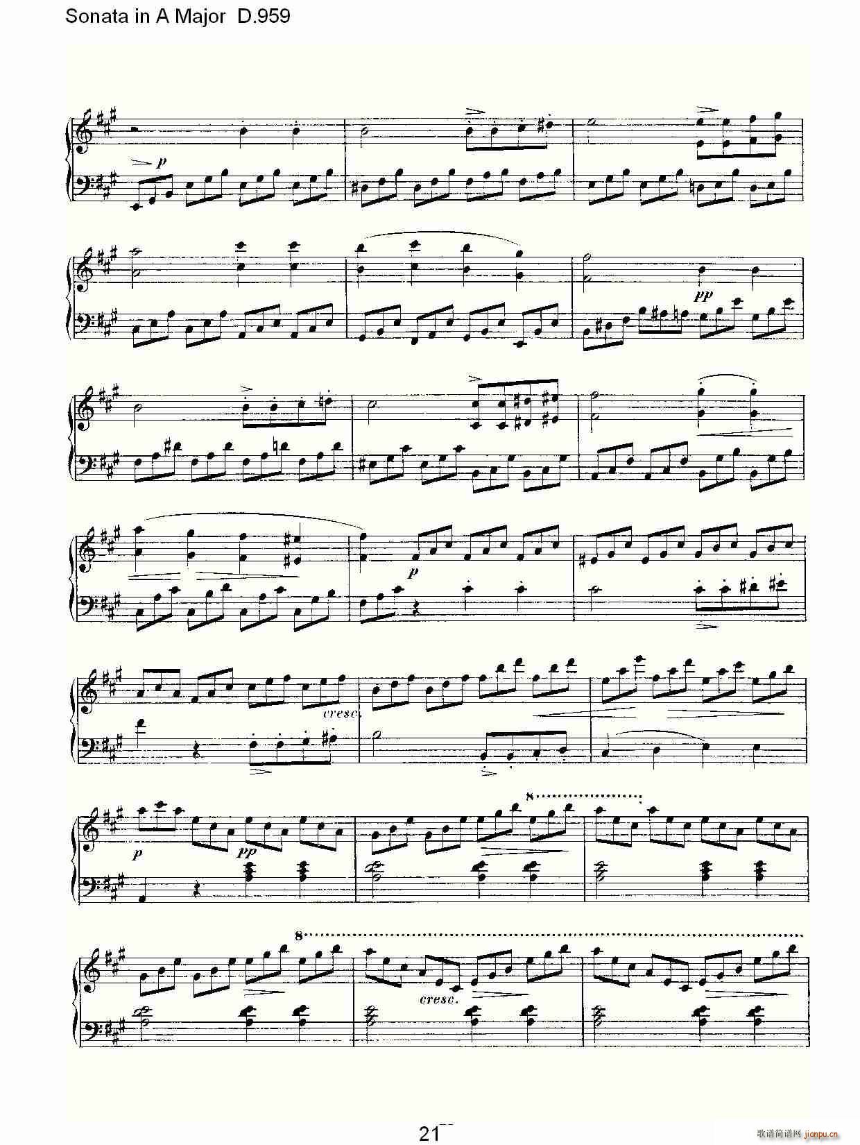 弗朗兹·舒柏特   朴素传幽真 《Sonata in A Major D.959（A大调奏鸣曲 D.959）》简谱