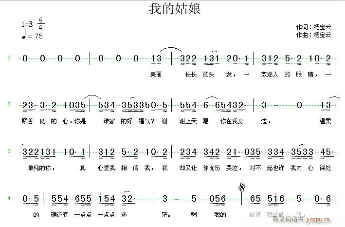 未知 《我的姑娘》简谱