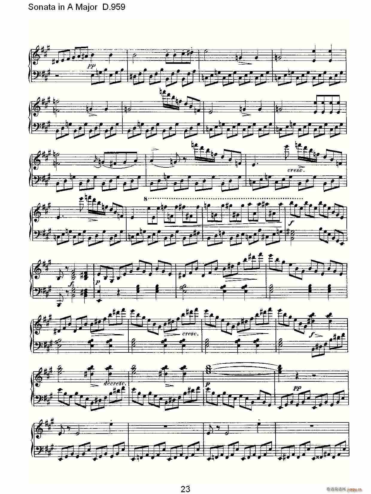 弗朗兹·舒柏特   朴素传幽真 《Sonata in A Major D.959（A大调奏鸣曲 D.959）》简谱