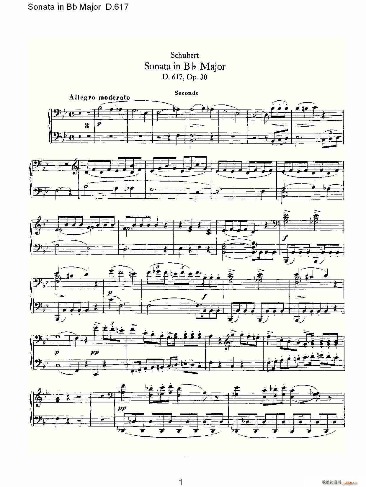 弗朗兹·舒柏特   朴素传幽真 《Sonata in Bb Major D.617（Bb大调奏鸣曲 D.617）》简谱