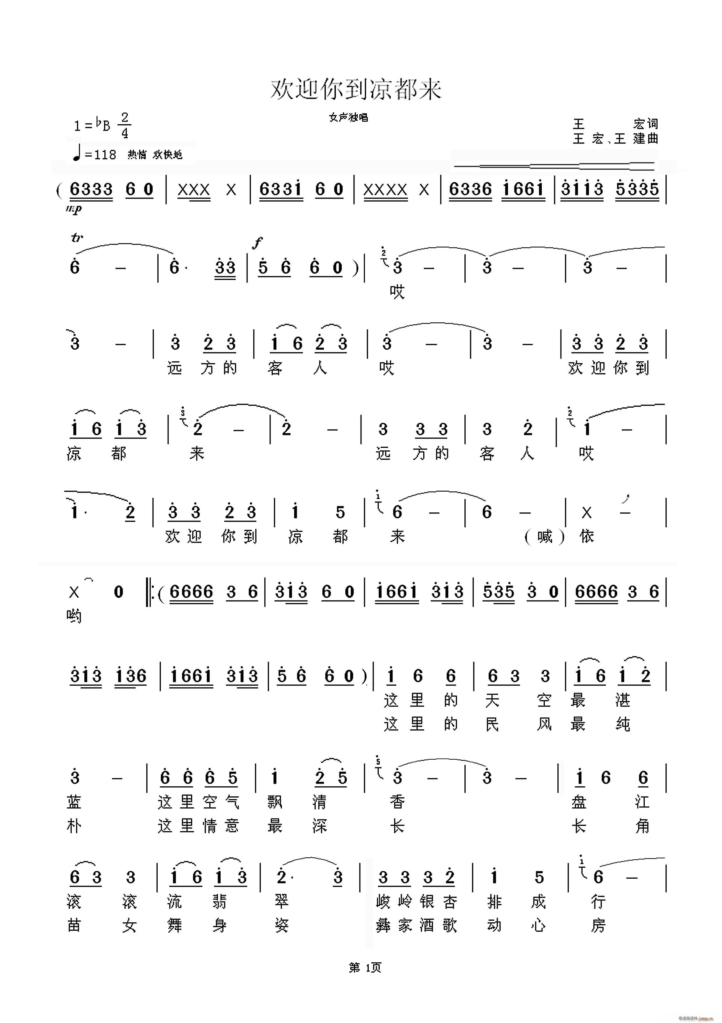 王宏 《欢迎你到凉都来》简谱