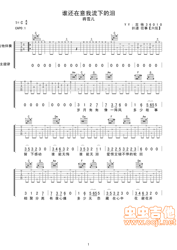 蒋雪儿   luqinggg 《谁还在意我流下的泪》简谱